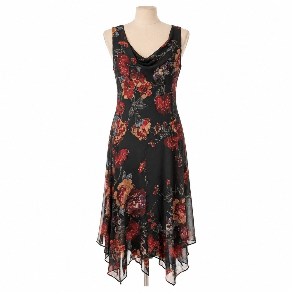 Vintage Y2K Floral Cowl Neck Handkerchief Hem Maxi Dress Sz 12 Black Whimsigoth